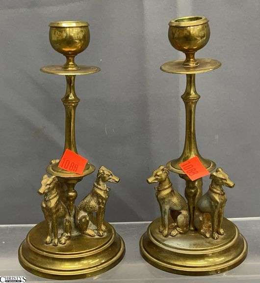 Pair of Greyhound Motif Bronze Style Candlesticks 3.5x8" Tall image