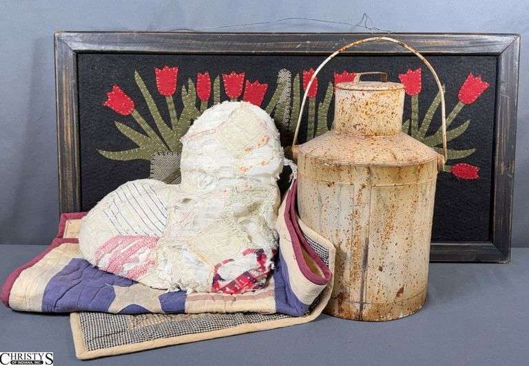 Primitive Style Wall Hanging, Metal Bucket, Quilted Pieces - 28" x 14" of largest image