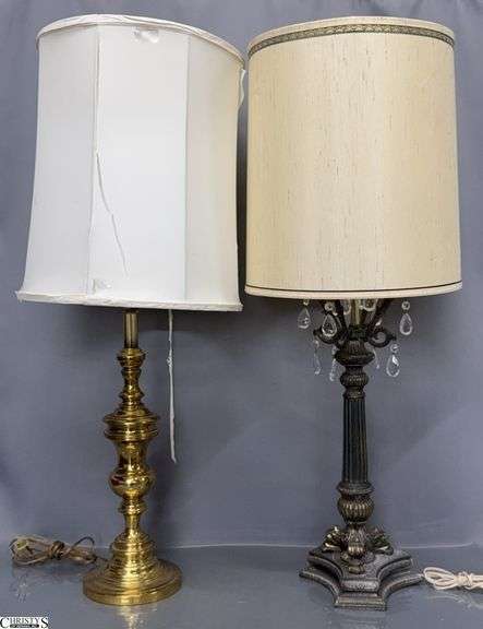 2 Table Lamps, Brass Base, and Prisms, Both 36" With Shades image