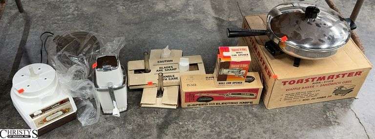 Toastmaster Waffle Baker, Farberware Electric Skillet, Sunbeam Food Processor and Attachements, Electric Knife and Wall Manual Can Opener - 12" of skillet pan image