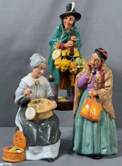 3 Royal Doulton Figurines - Embroidering, Bridget, and The Mask Seller - 8.5" of tallest image