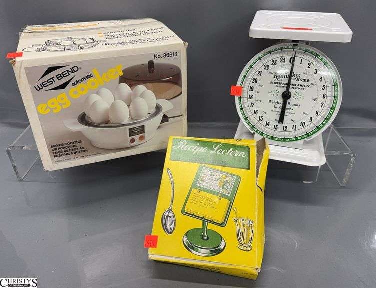 Receipe Lectern, Old Kentucky Home Belknap Hardware Scale, West Bend Egg Cooker - 8" of scale image