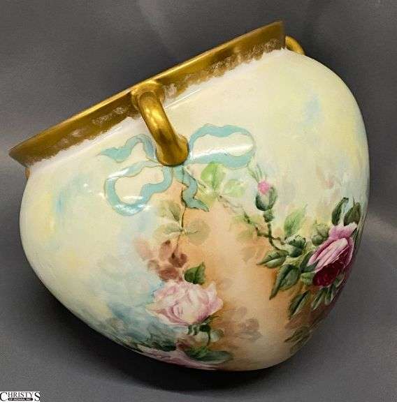 Hand Painted Rose Motif Porcelain Hanging Cache Pot - 6" x 7" image