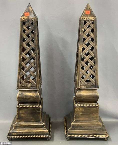 Pair Obelisk Style Metal Decor Pieces - 8" x 8" x 25" of each image