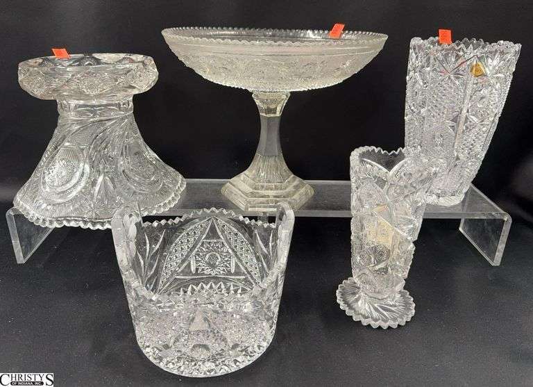 Cut Glass Ice Bucket and Pressed Glass Punch Bowl Base, Compote, Vases - 10" x 9" of compote image