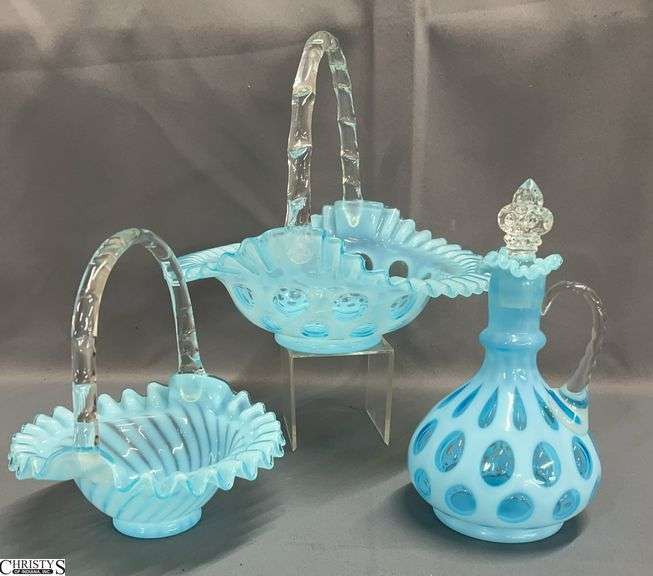 Fenton Glass Blue Swirl Optic and Coin Baskets and Cruet - 3pcs - 10" x 9" of largest image