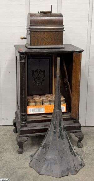 Antique Phonograph With Damaged Cabinet and 16 Edison Moulded Cylinder Record Rolls, Cabinet 22x17x36" image