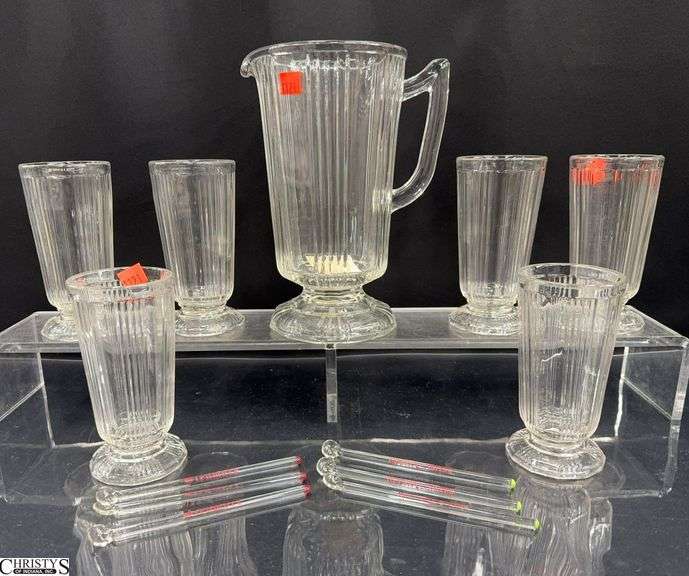 Vintage Footed Pitcher and 6 Glasses, Pitcher 9.5" image
