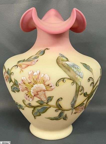Fenton Glass Satin Queen's Bird Connoisseur Collection Vase - Hand Painted by Tammy Watson - 290 of 1350 - 11.5" image
