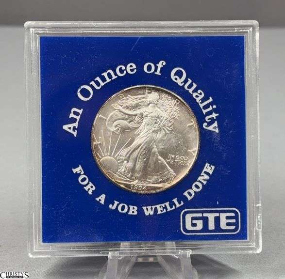 1994 American Silver Eagle Coin in GTE Display "An Ounce of Quality For A Job Well Done" image