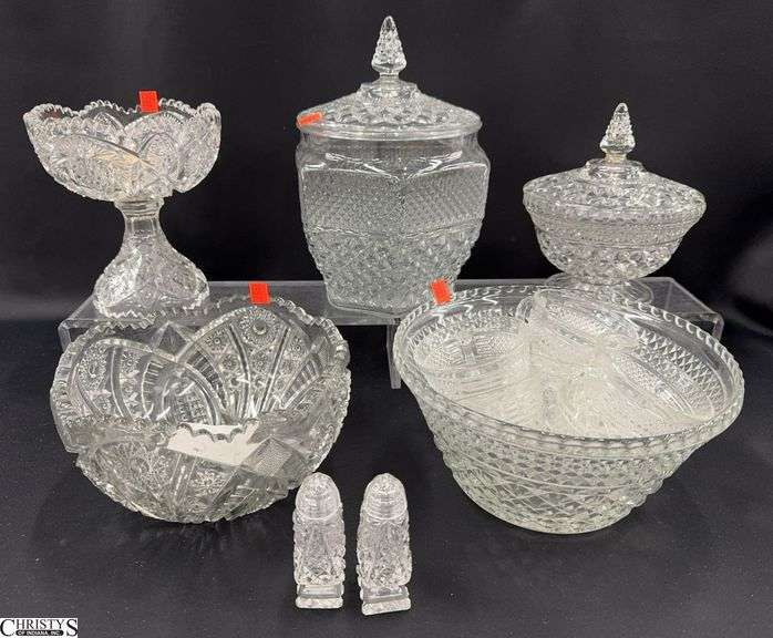 Early American and Pressed Glass Bowls, Compote, Lidded Jars, Salt & Pepper - 10" of tallest image