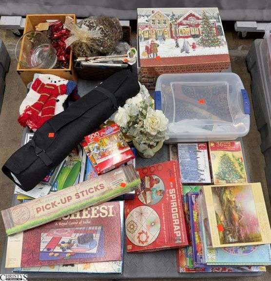 Board and Other Games, Puzzles, Some Holiday Pinecones, Serving Items, Gift Box, SKID NOT INCLUDED image