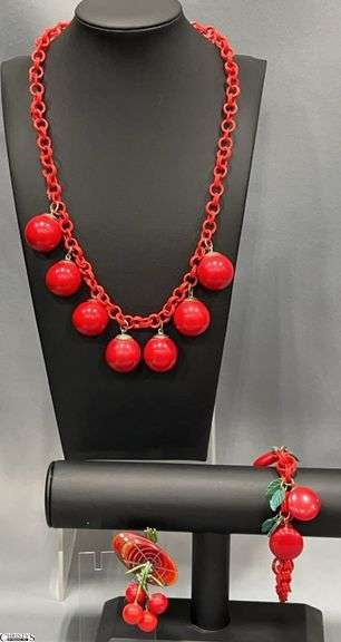 Vintage Pin With Cherries and Red Cherries on Plastic Chains, Necklace and Bracelet image