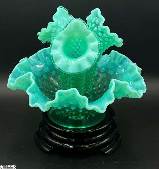Fenton Glass UV Reactive Green Opalescent Hobnail Epergne on Black Glass Display Base - 8" x 8" approx overall image
