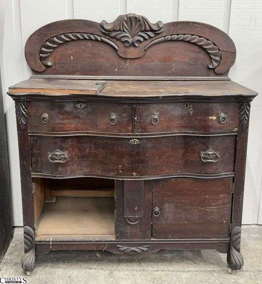 Antique Wooden Side Board With Carved Pediment, Does Have Age Wear and Lower Door Needs Repair, 47x23x50" image