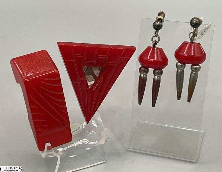 Vintage Red Bakelite Clips 2.5" and Pair Of Earrings image
