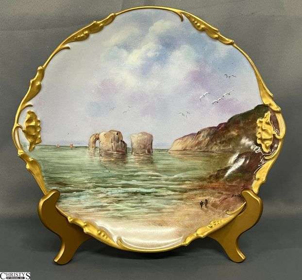 Jean Pouyat Limoges Hand Painted Coastal Landscape Gilt Edge Charger Plate - 12" x 13" image