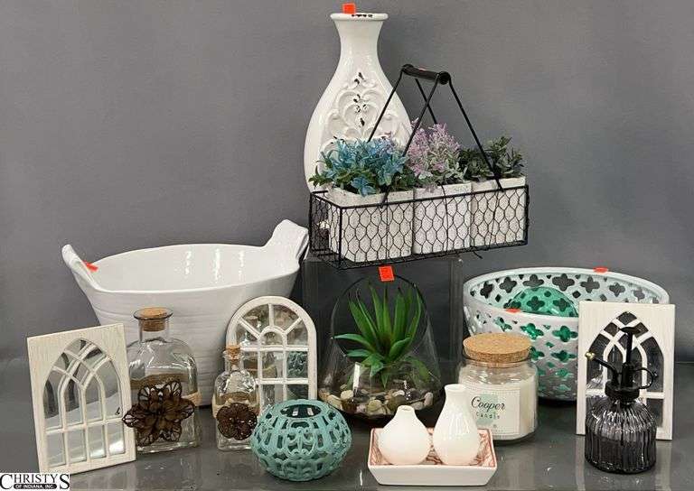 Assorted Home Decor - Ceramic Bowls, Artificial Plants, Small Mirrors, Table Top Decor - 13" x 8" of largest image