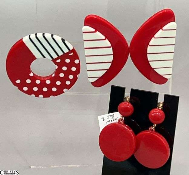 Red Color Block Plastic Earrings and Pin Set, image