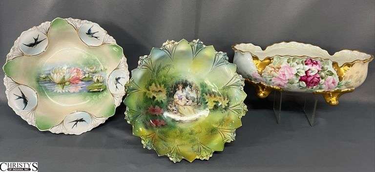 2 China Bowls and Porcelain Rose Motif Cache Pot - R S Prussia, Royal Vienna, Bavarian - 3pcs - 12" x 7" x 4" image
