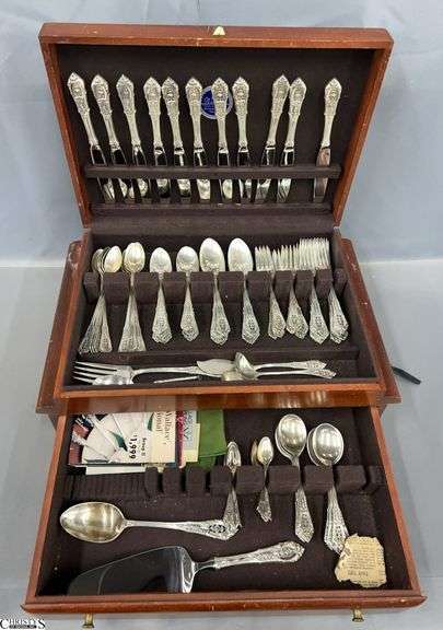 Set of Wallace "Rose Point" Sterling Silver Flatware In Pieces 110 Total In Case image