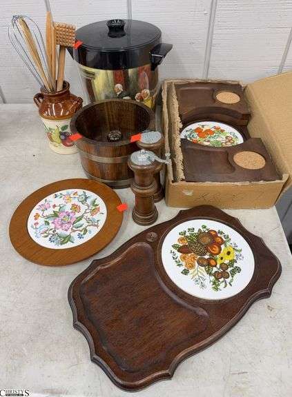 Assorted Kitchenware - Ice Bucket, Utensils, Trivets, Salt and Pepper Mill, Appetizer Board, Nut Bowl - 10" x 10" of ice bucket image