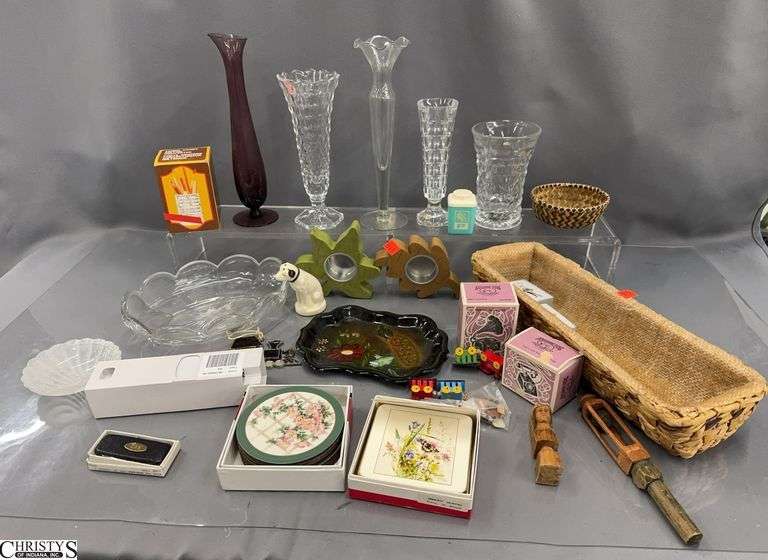 Pimpernel Coaster, Antique Toy Style Pencil Sharpener, RCA Dog Shaker, Vases, Misc - 10" of tallest image