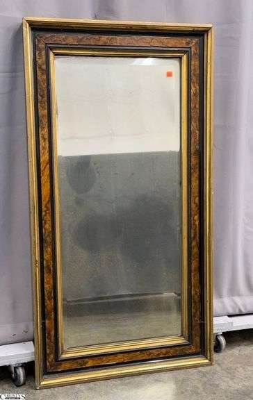 Bacon's Dept Store Vintage Gold and Burled Wood Veneer Mirror 26x48" image