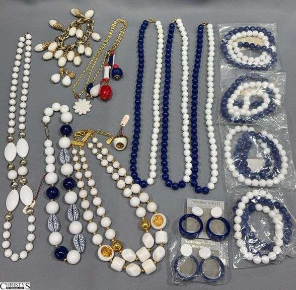 Navy, White, Some Red, Gold and Silver Tones Costume Necklaces, Earrings, 1 Trifari Ring image