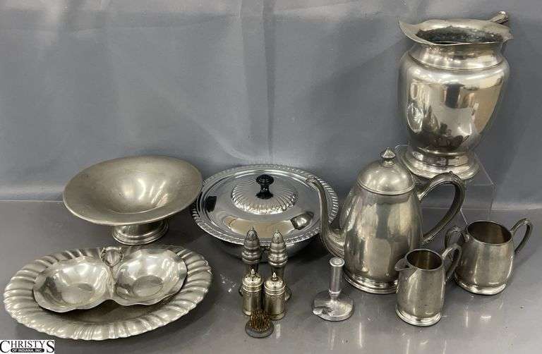 Pewter and Silverplate Serveware - Salt and Peppers, Pitcher, Cream and Sugar - 8.5" of tallest image