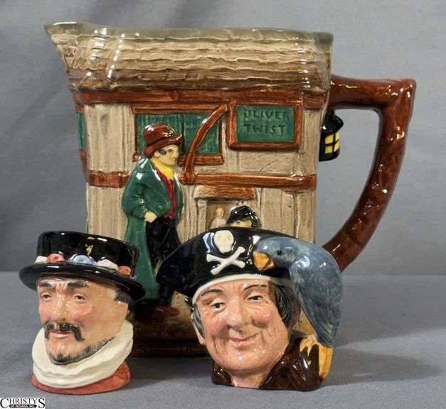 Royal Doulton Oliver Twist Pitcher and Beefeater & Long John Silver Miniature Toby Mugs - 6" of pitcher image