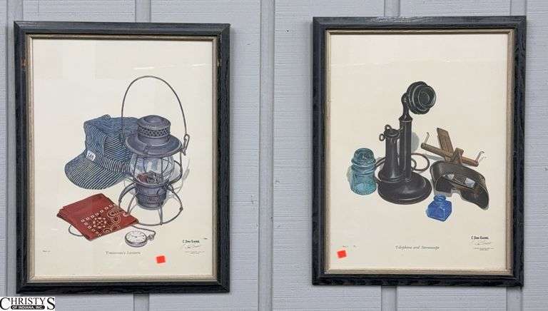 Pair of C. Don Ensor Prints Telephone and Trainman's Lantern Matching Frames 20.5x28" image