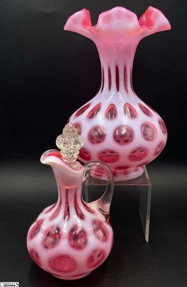 Fenton Glass Cranberry Opalescent Coin Dot Ruffled Edge Vase and Cruet - 2pcs - 8" of vase image