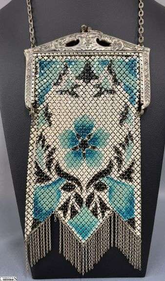 Art Deco Mandalian Mesh Enameled Purse - 7" x 4" - 5" handle drop - small section needs reattached image