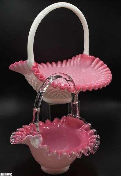 Fenton Overlay Glass Peach Crest Baskets - 2pcs - 10.5" x 9" of largest image