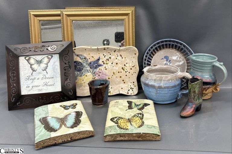 Studio Pottery Pieces, 3 Small Wall Mirrors, Butterfly Motif Wall Decor - 16" of largest image
