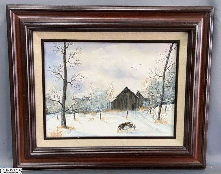 Snow Scene Oil On Canvas Painting - 17.5" x 14.5" of frame image