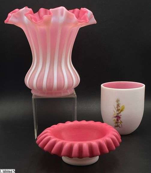 Fenton Glass Cranberry Opalescent Ruffled Edge Vase and Hand Painted Candle Votive Light - 2pcs - 6.5" of tallest image