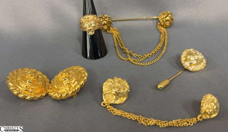 Ladies Costume Lion Head Motif Jewelry, 18K Plated Ring - Clip on Earrings, Ring, Sweater Clips, Stick Pin - Size 6 Ring image