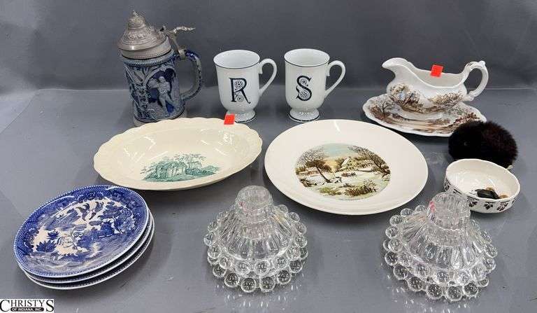 German Stein, Glass Candle Sticks, China Saucers, Gravy Boat, Mugs - 9" D of largest image