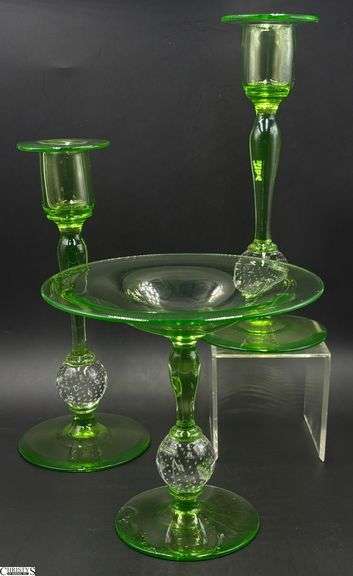 Antique Pairpoint Controlled Bubble UV Reactive Glass Compote and Candlesticks - 6.5" x 6" of compote image