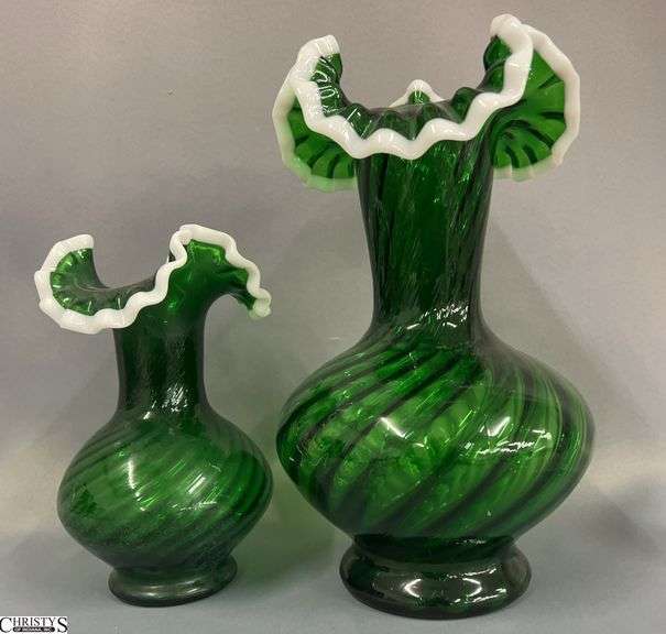 Fenton Glass Emerald Green Ruffled Snow Crest Swirl Optic Vases - 2pcs - 11" of tallest image