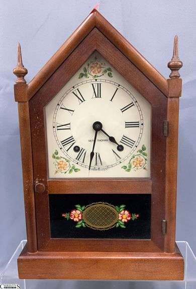 Seth Thomas Cathedral 8 Day Wind Up Mandle Clock, Reverse Painted Parts Present 14" Tall image