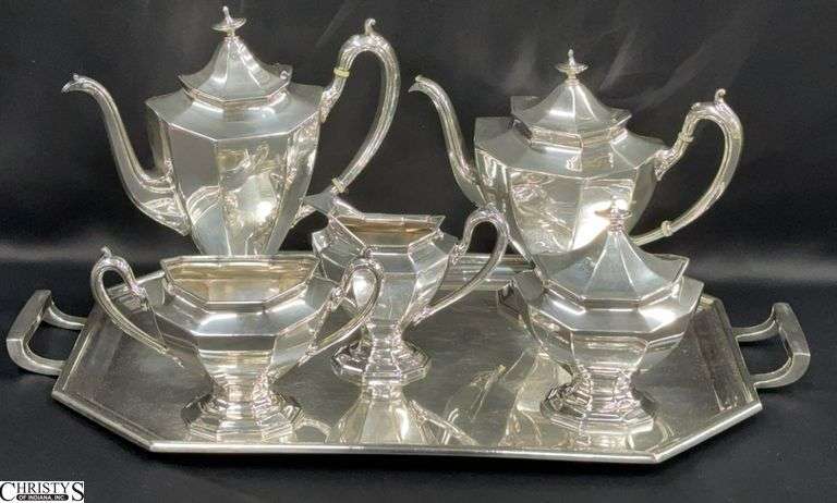 Reed & Barton Sierra Neo Classical Silverplate Coffee/Tea Service - 6pcs - 20" of tray - missing one lid image