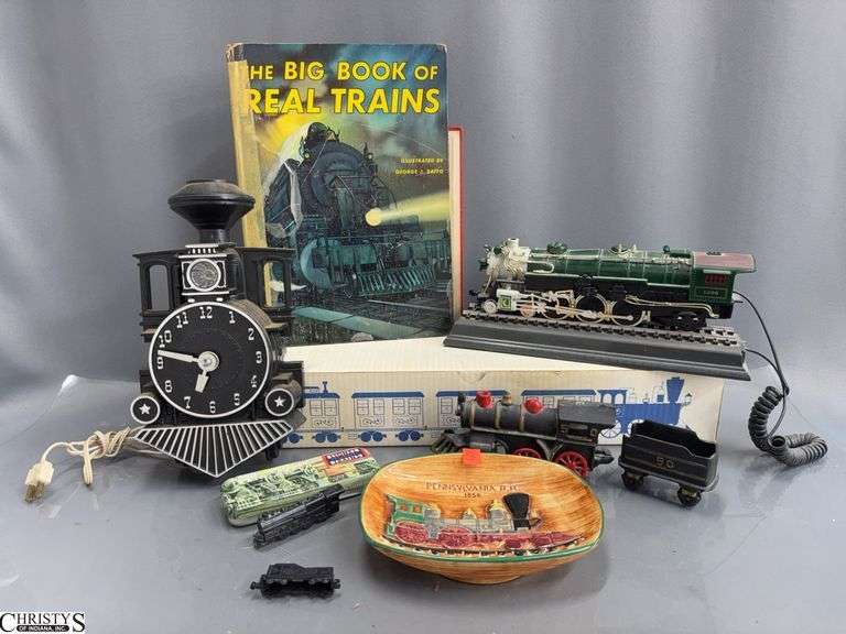 Train Related Decor - Crescent 1925 Model Phone, Wall Clock, Books, Lionel Train Watch, Cast Iron Pieces, 6 Cocktail Glasses - 12" of phone image