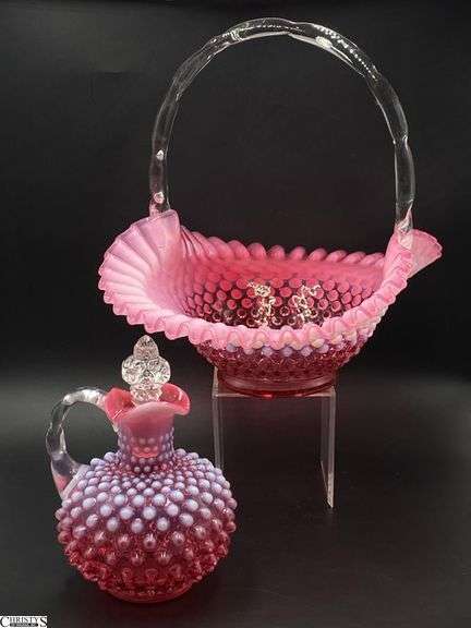 Fenton Glass Cranberry Opalescent Hobnail Basket and Cruet - 2pcs - 10" x 10" of largest image