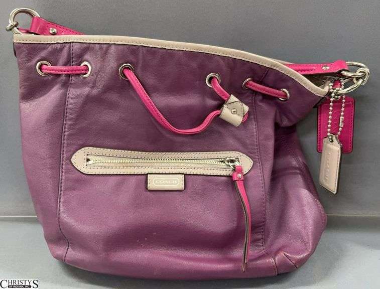 Coach "Avery" Plum Leather Drawstring Ladies Purse - 13" x 11" of bag - 6" drop of handle image
