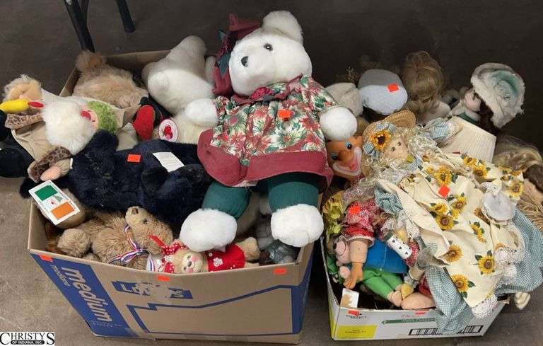 2 Boxes Assorted Stuffed Animals, Dolls - 18" of largest - some wear/would benefit from a cleaning image