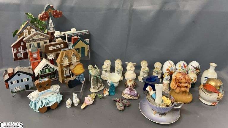 Snow Babies, Cats Meow Wooden Houses, Egg Figurines, Misc - 7" of tallest image