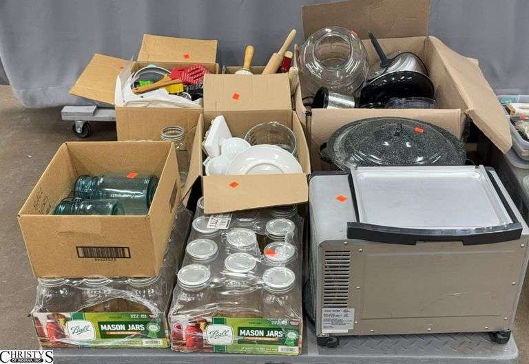 Mason Jars, Large Graniteware Stock Pot, Rolling Pins, Food Processor / Chopper Small Appliances, Utensils, 3 Blue Jars with Hinged Lids, Large Barrel Jar Missing Lid, SKID NOT INCLUDED image
